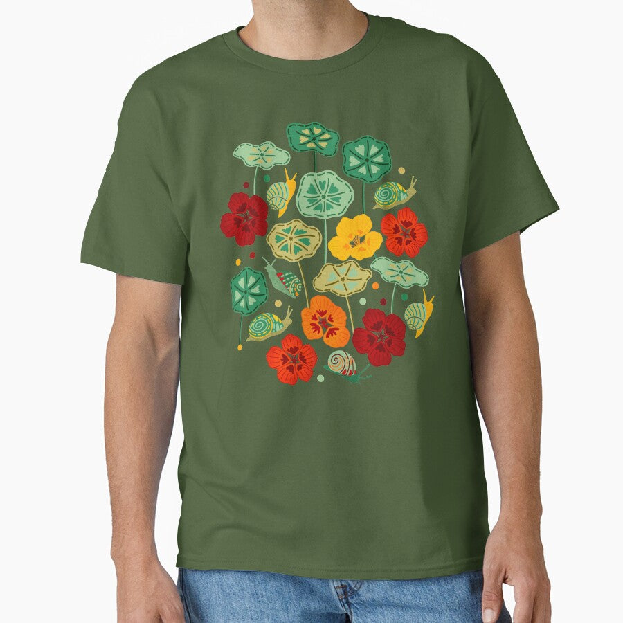Nasturtiums & Snails On Brown by TigaTiga T-Shirts, Hoodie, Sweatshirt | BlankRebels.com (Image 1)