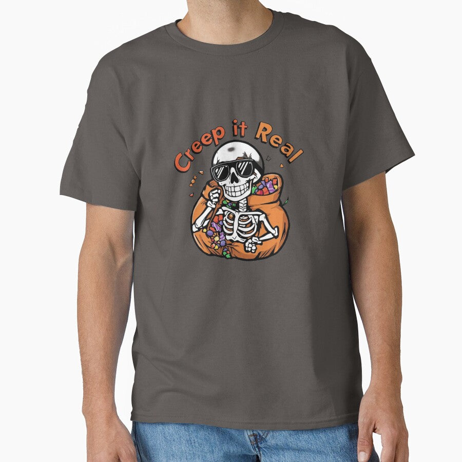 Creep It Real Halloween T-Shirt & Hoodie | Funny Skeleton Sunglasses Candy Bag Costume Top by Designverse-hub... (Image 1)