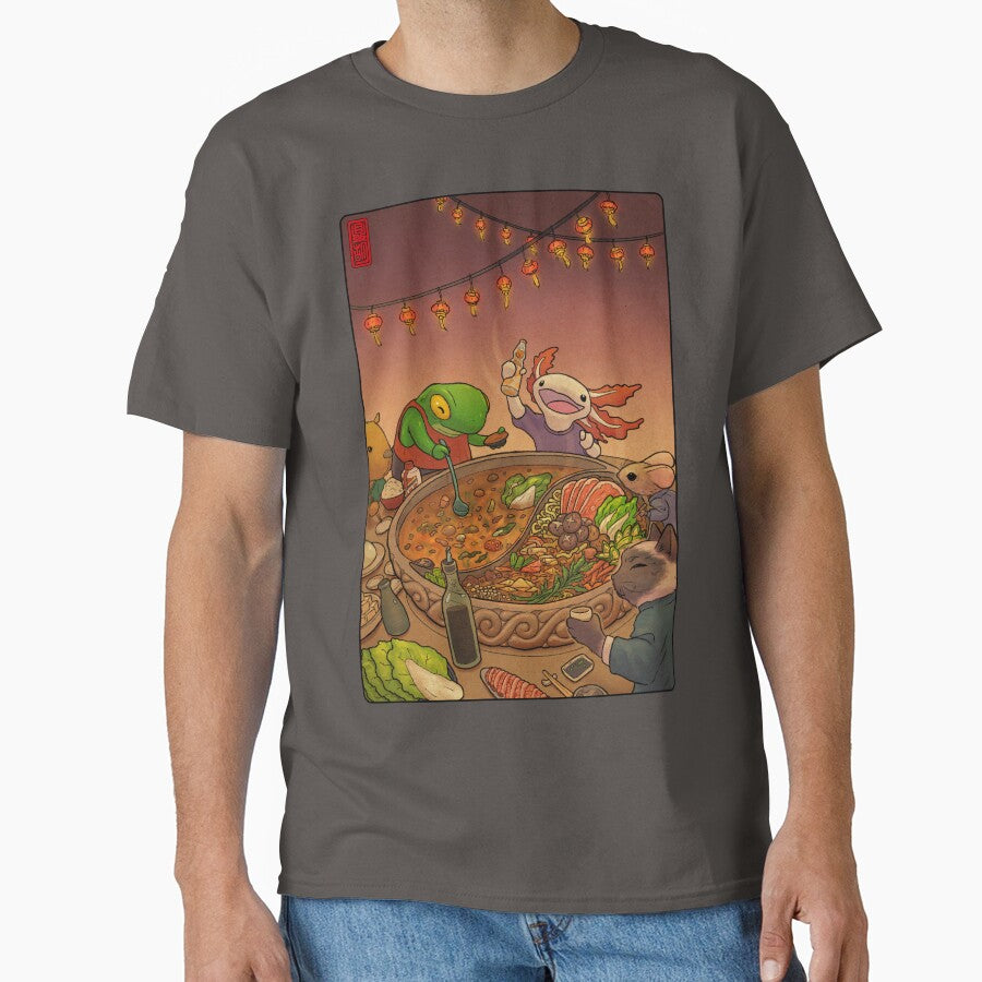 Asian Hotpot Night with Cute Frog, Axolotl, Cat, Mouse, and Capybara by DingHuArt T-Shirts, Hoodie, Sweatshirt (Image 1)