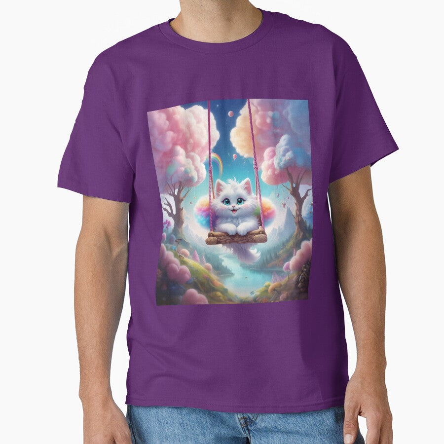 Whimsical Cat on Swing with Rainbow Scenery Artwork by RevGens T-Shirts, Hoodie, Sweatshirt | BlankRebels.com (Image 1)