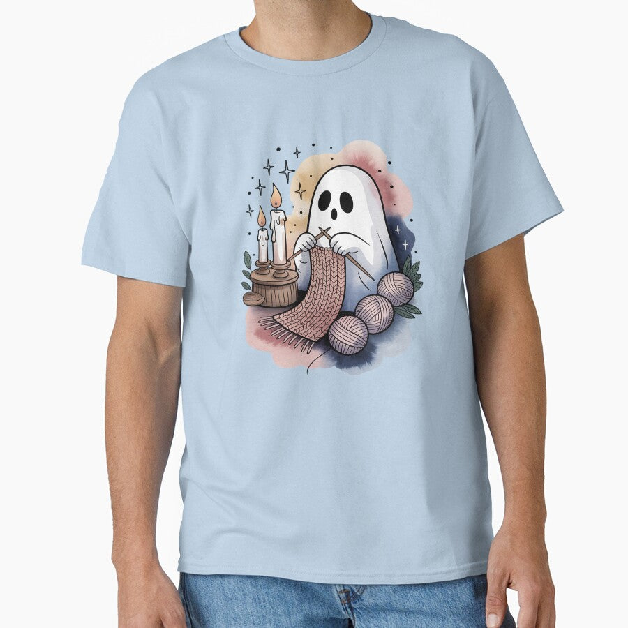 Knitting Night Ghost Shirt Cozy Handmade Ghost Tee, Watercolor Tattoo Aesthetic Top Unisex Tee, Sweatshirt and... (Image 1)