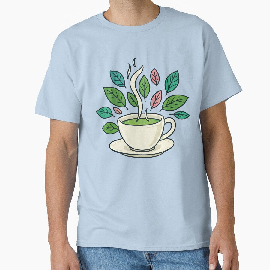 Green Tea Cup with Leaves Cute Illustration by ArtfulWeave T-Shirts, Hoodie, Sweatshirt | BlankRebels.com (Image 1)