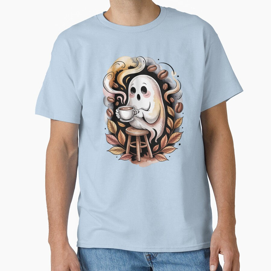 Caffeine Break: Coffee Break Ghost Shirt Cozy Watercolor Tattoo Tee, Caffeine Lover Aesthetic Top Unisex Tee,... (Image 1)