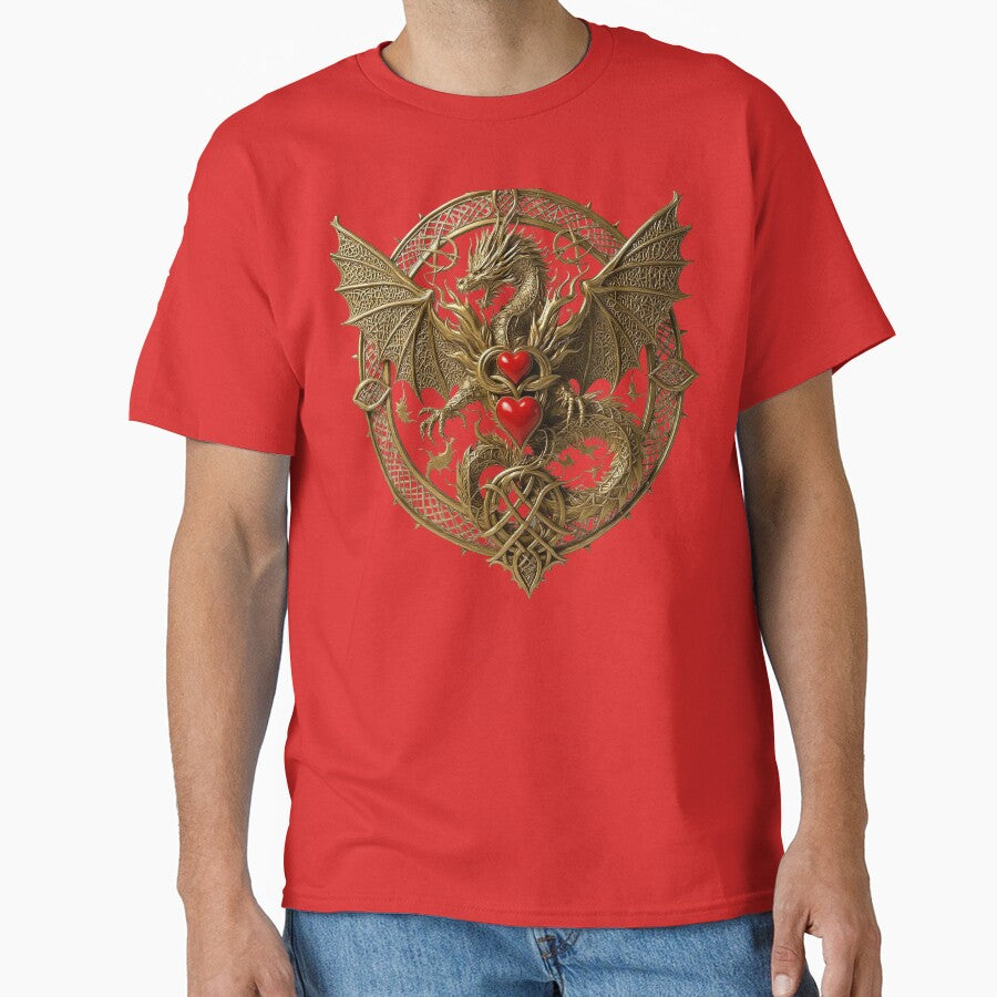 Golden Dragon with Red Hearts Print, Gothic Romance wall Art, Fantasy Couple Design, Viking home Decor by... (Image 1)