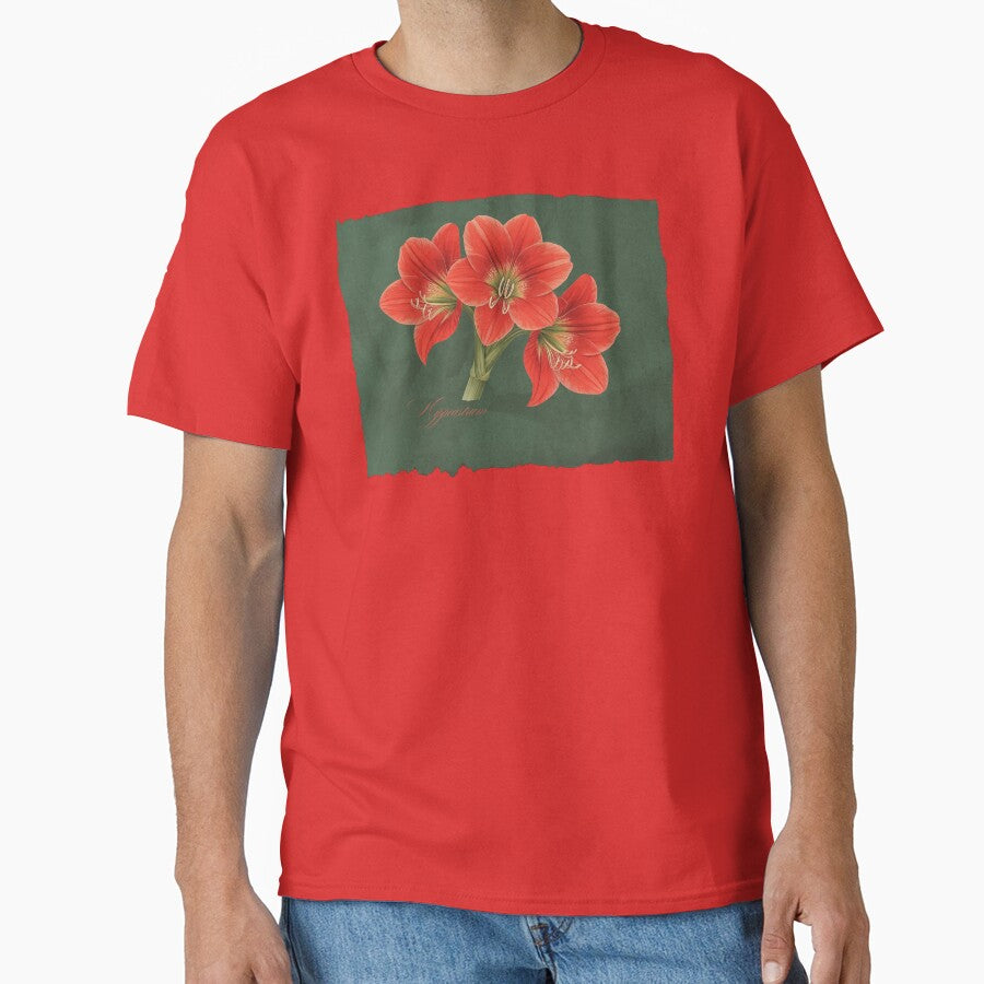 Hippeastrum | Botanical Illustration with Script on Green Textured Background by ChristinePartlow T-Shirts,... (Image 1)