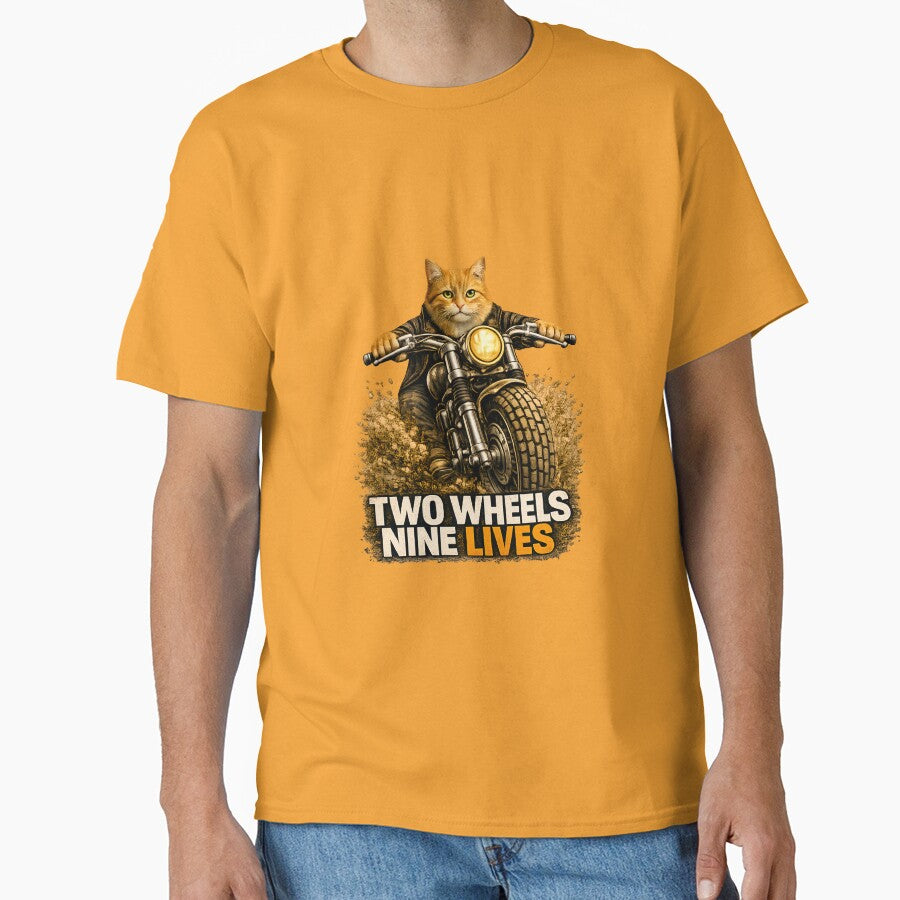 Orange Cat Motorcycle Art – Two Wheels Nine Lives Biker Print Design by PixelsPaws