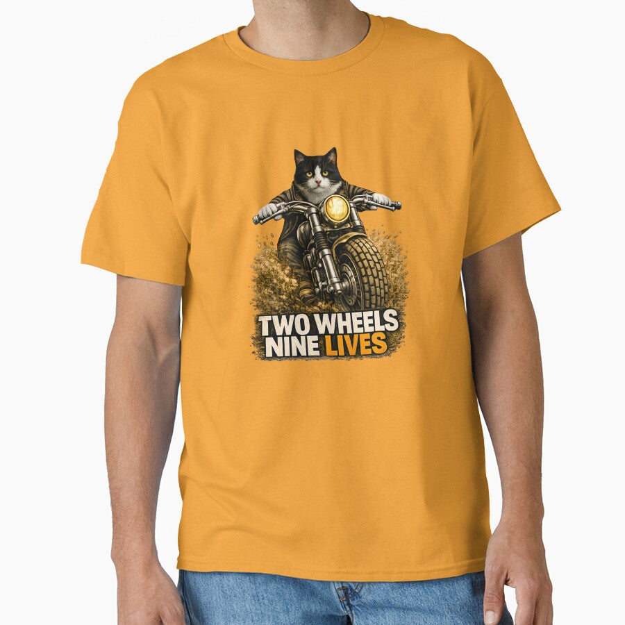 Tuxedo Cat Motorcycle Art – Two Wheels Nine Lives Biker Cat Print Design by PixelsPaws