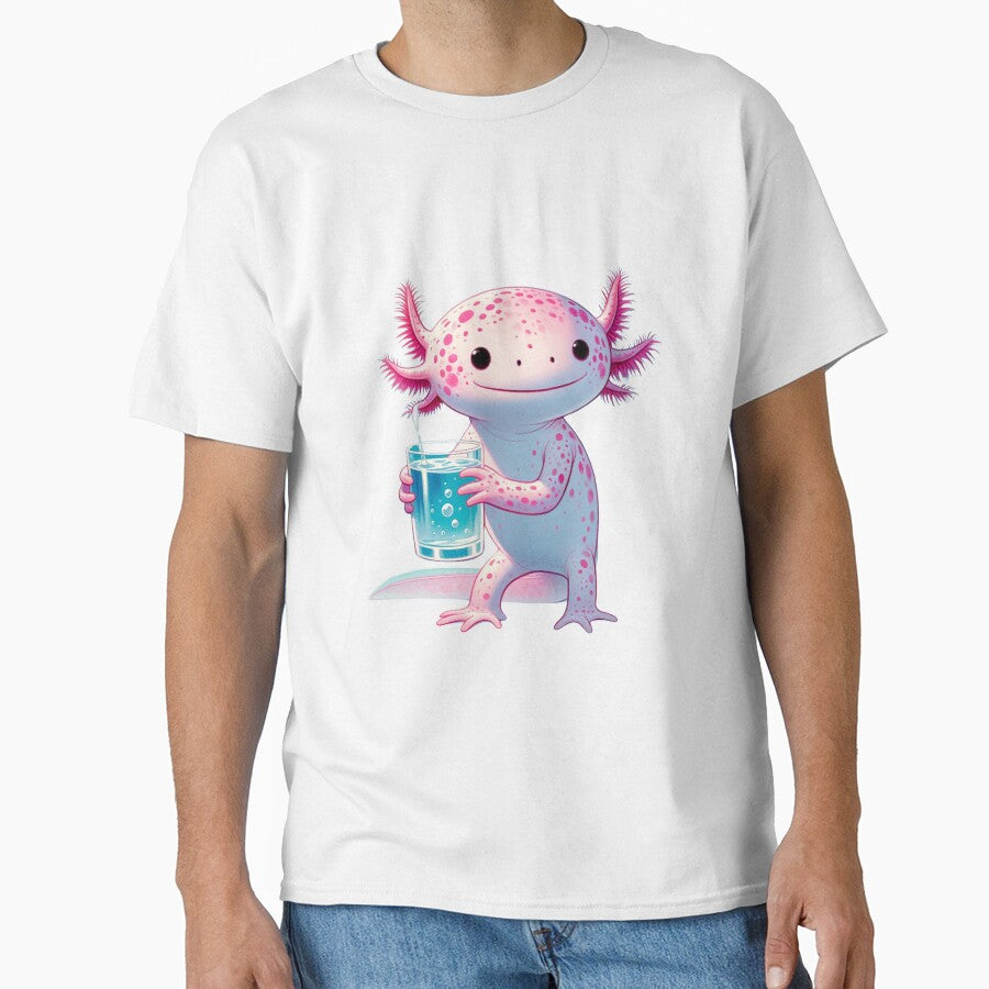 Adorable Cartoon Axolotl Drinking Water- drinkalotl by MumMadeDesigns T-Shirts, Hoodie, Sweatshirt (Image 1)