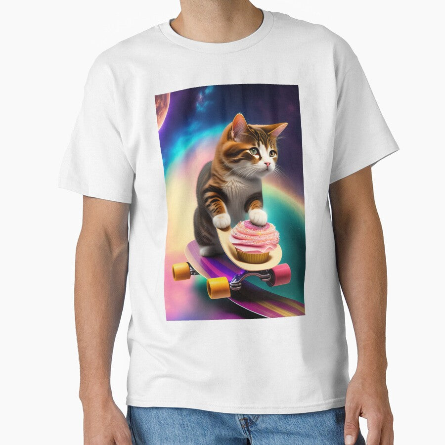 Cat riding a skeatbord in space with cupcakes by Puppy Paws T-Shirts, Hoodie, Sweatshirt | BlankRebels.com (Image 1)