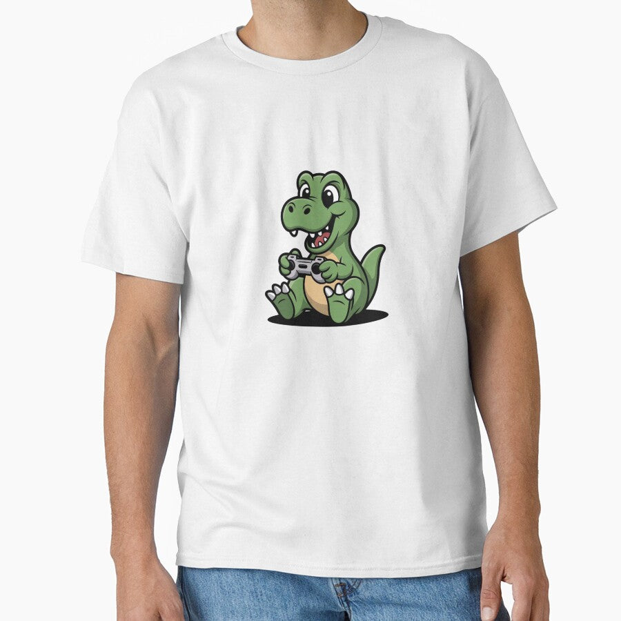 Cute Gamer Dinosaur Playing Video Games – Funny Gaming Cartoon Design by Human After All T-Shirts, Hoodie,... (Image 1)