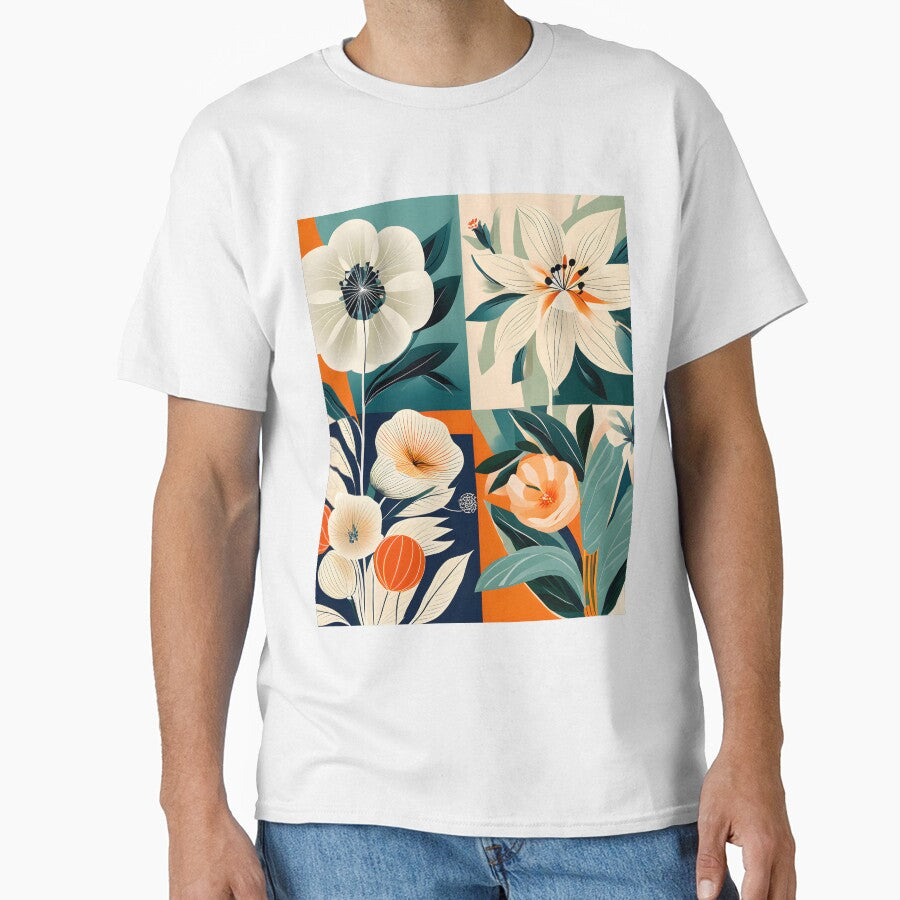 Mid Century Botanical Retro Geometric Leaves  Florals  Tangerine, Cream by Prints and Lifestyle T-Shirts,... (Image 1)