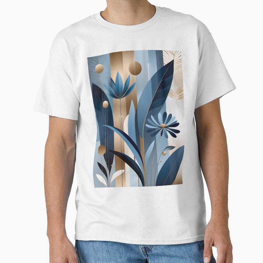 Mid Century Botanical Retro Geometric Leaves  Florals   Icy Blue, Gold by Prints and Lifestyle T-Shirts,... (Image 1)