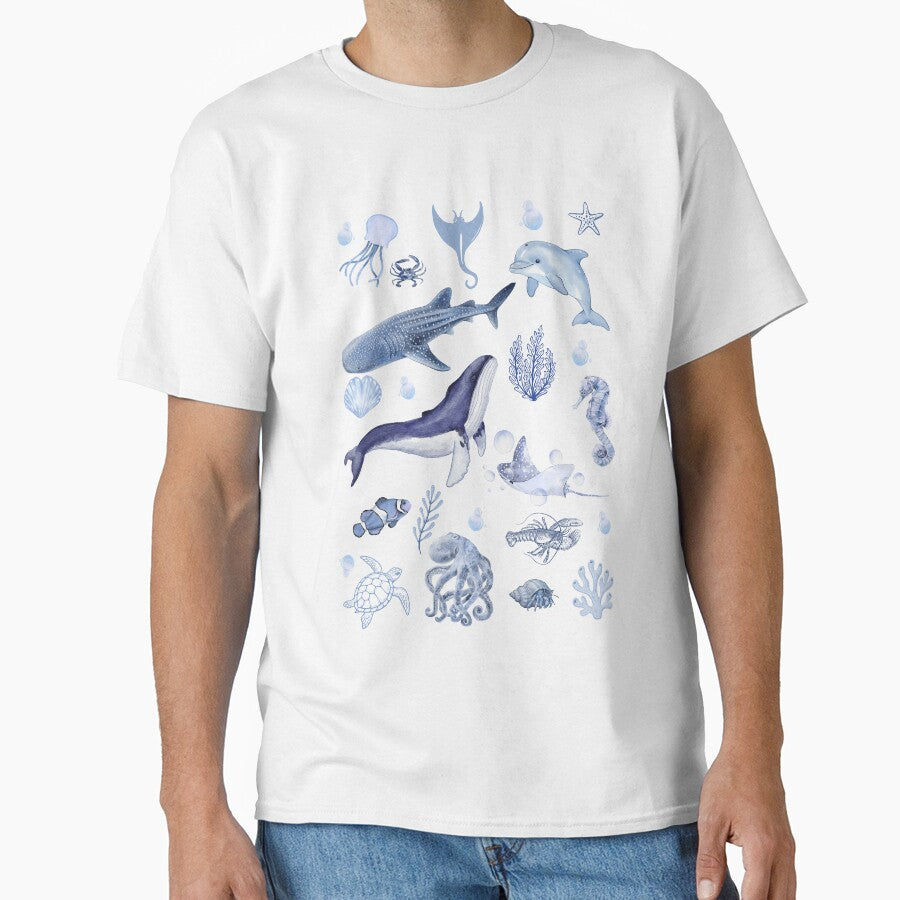 Watercolour Sea Animals Blue Illustration | Ocean Creatures Marine Life Design by KiTiStudio T-Shirts, Hoodie,... (Image 1)