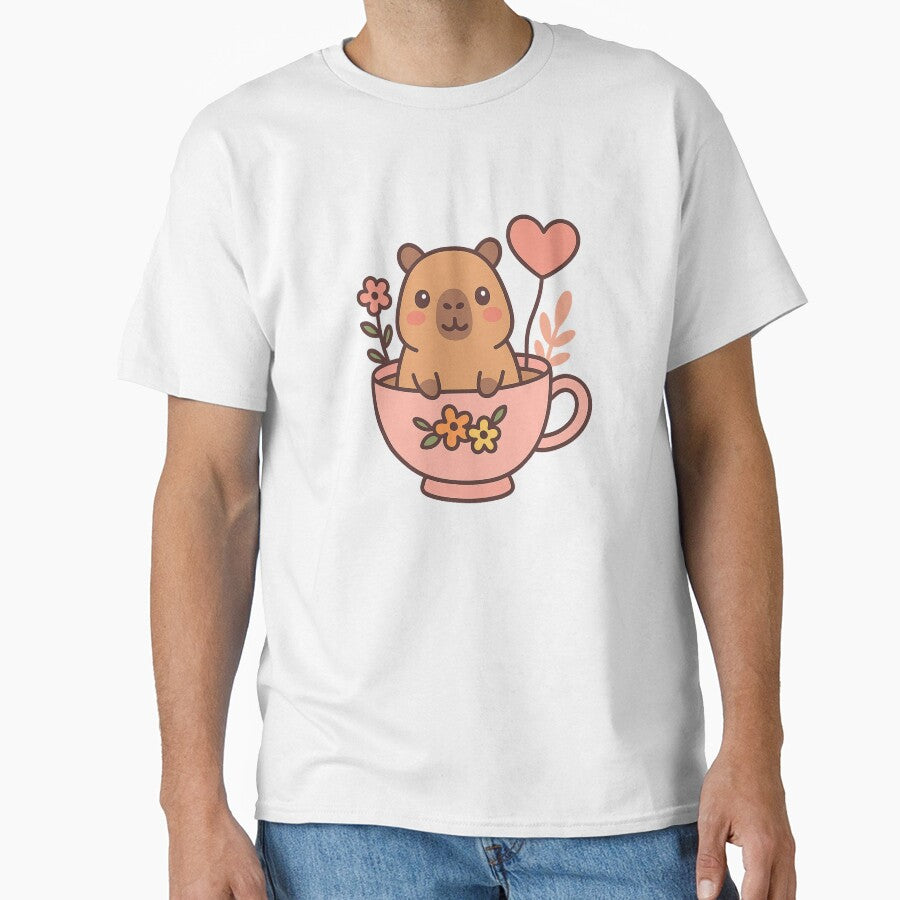 Kawaii Capybara in a Teacup – Cute Pastel Animal Illustration by Happy Dots Studio T-Shirts, Hoodie, Sweatshirt (Image 1)