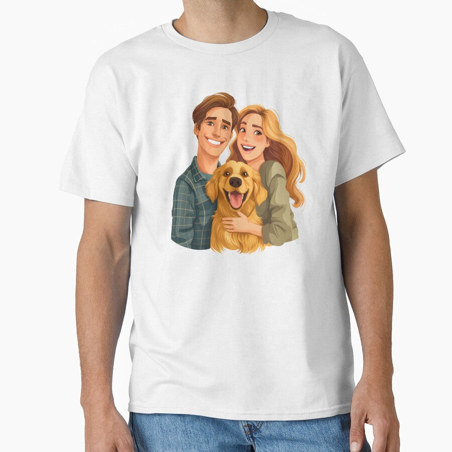 Beautiful illustration of a cute golden retriever dog breed and a female and male owner, golden retriever mom... (Image 1)