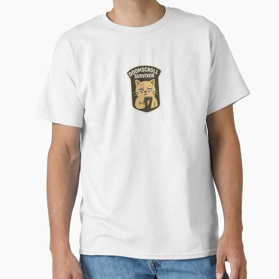 Doomscroll Survivor Sticker – Tired Cat with Phone by IdleHype T-Shirts, Hoodie, Sweatshirt | BlankRebels.com (Image 1)