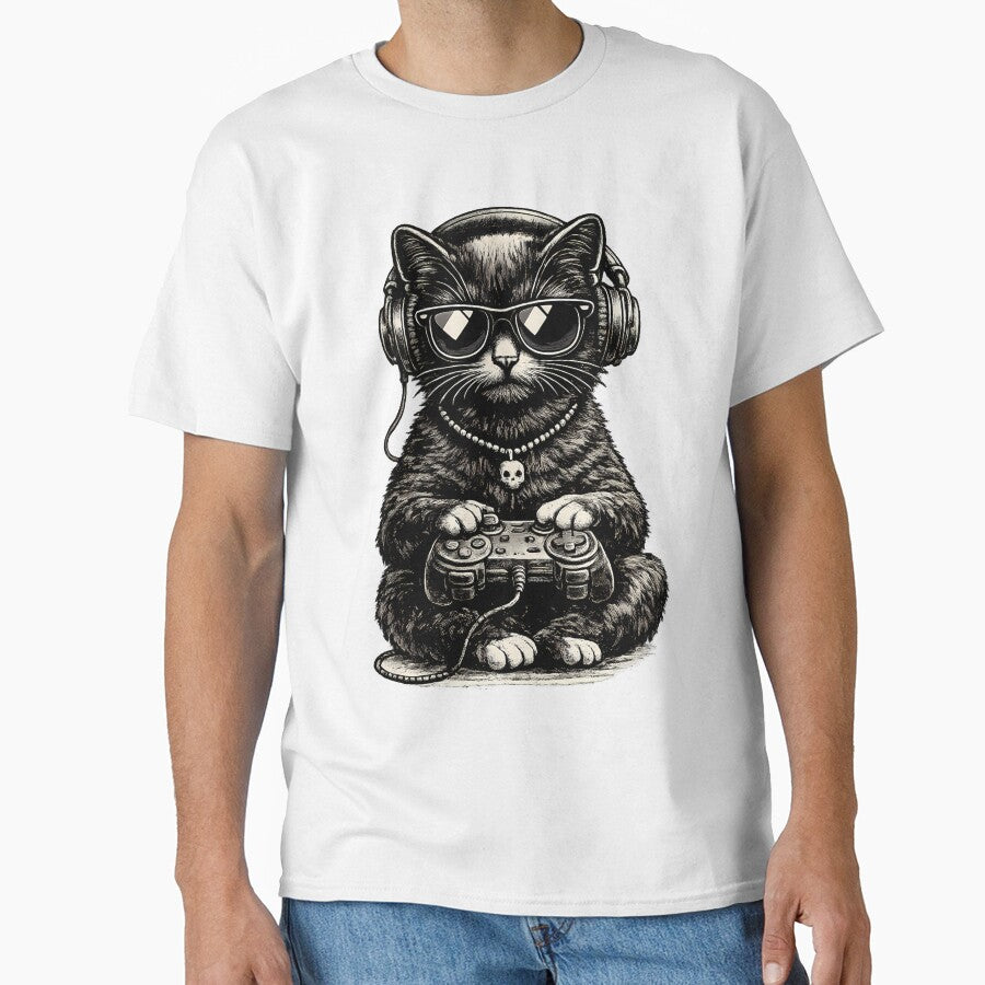 Gaming cat with headset - Vintage geek illustration by Hosharu Gaming T-Shirts, Hoodie, Sweatshirt (Image 1)