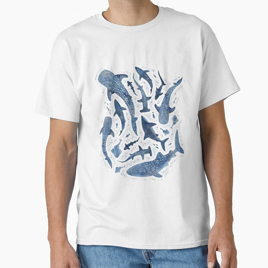 Monochrome blue watercolour shark ocean on white by adenaJ