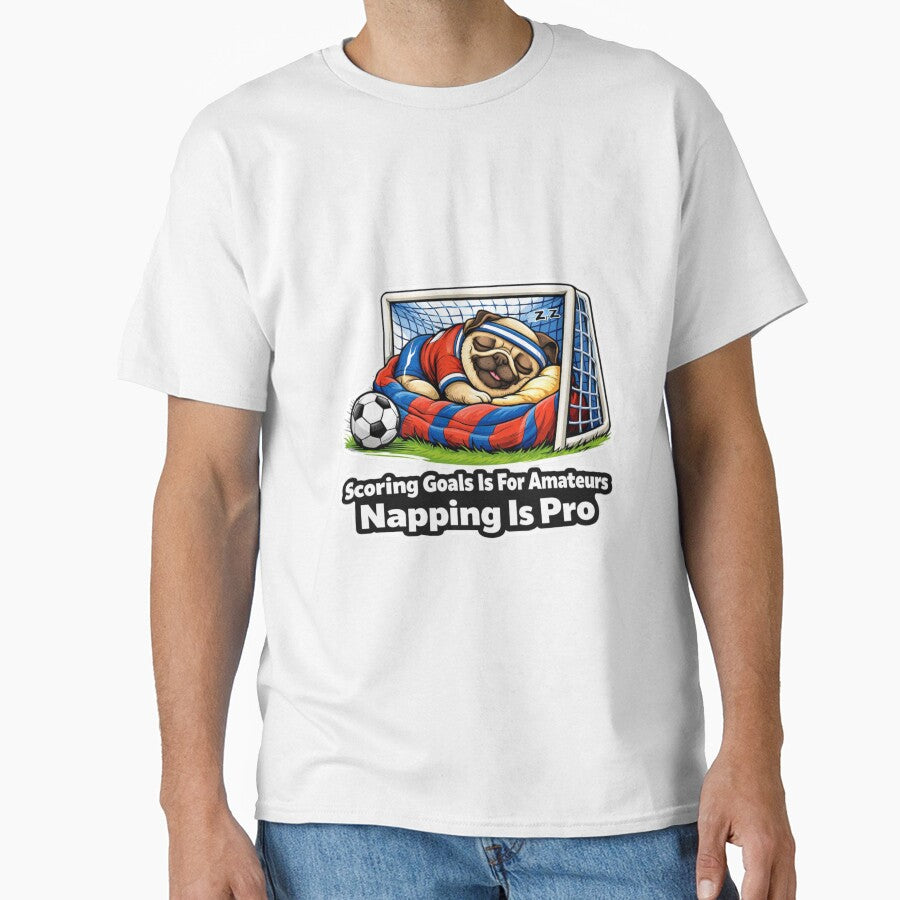 Lazy Pug in Goal Napping Soccer Funny Gift T-Shirt by Gentlestate