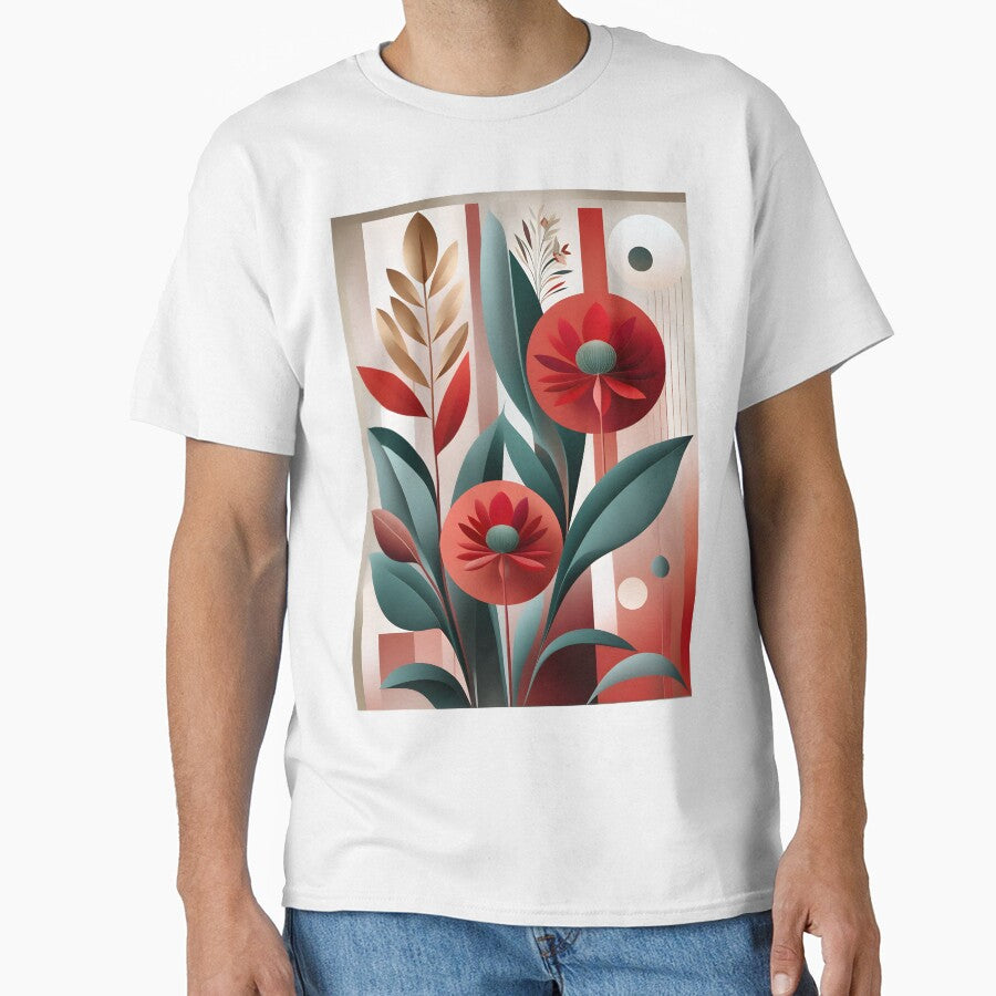 Mid Century Botanical Retro Geometric Leaves  Florals  Red, Green by Prints and Lifestyle T-Shirts, Hoodie,... (Image 1)