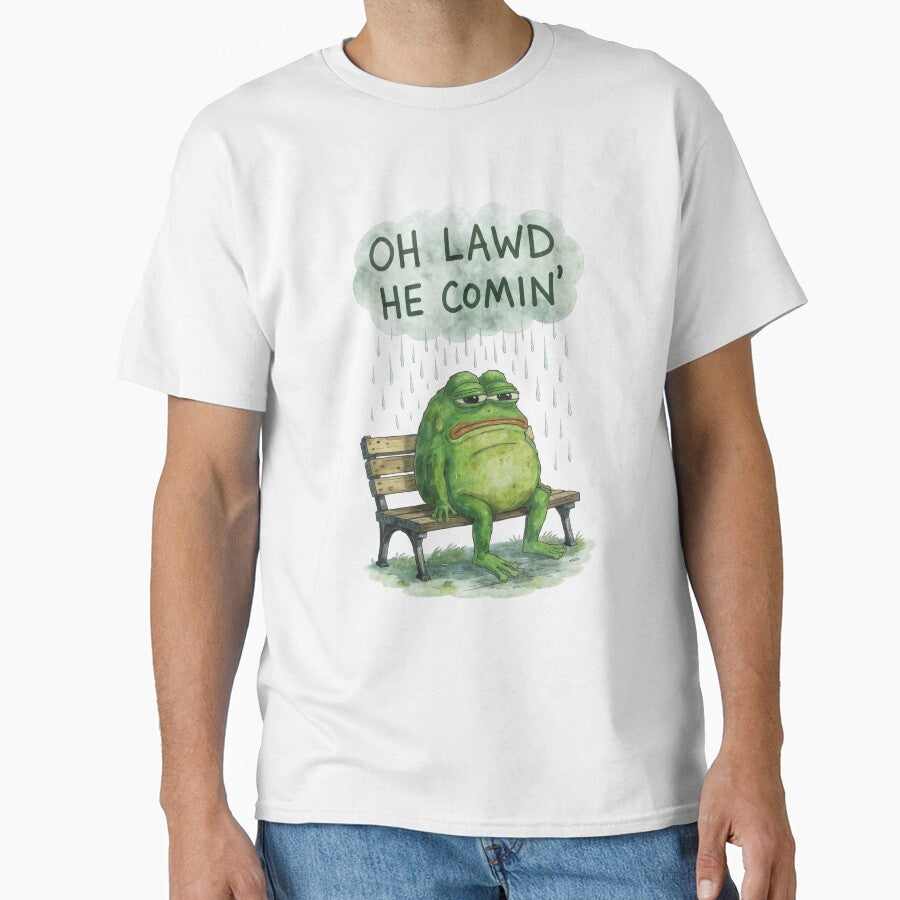 Oh Lawd He Comin' – Chubby Sad Frog in the Rain by PixelQ T-Shirts, Hoodie, Sweatshirt | BlankRebels.com (Image 1)