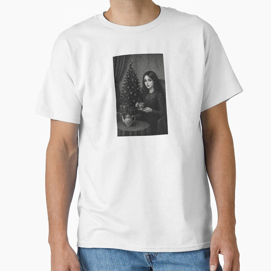 Gothic Christmas Tea – Victorian Black and White Christmas Illustration by MrsMimpi T-Shirts, Hoodie, Sweatshirt (Image 1)