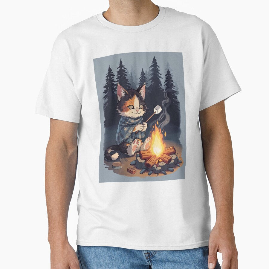 Calico Cat Campfire Stories Marshmallow T-Shirt | Cozy Camping Cat Gift by Falconwolf