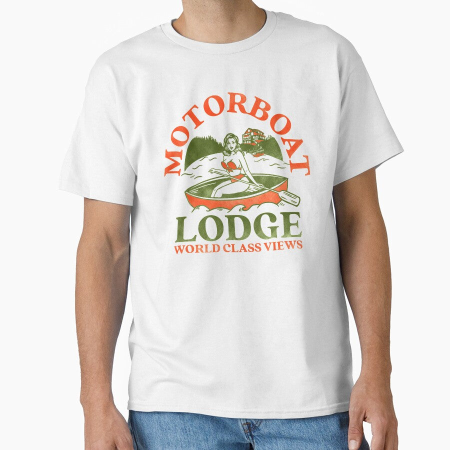 Motorboat Lodge: World Class Views. Funny Retro Pin Up Girl In A Canoe Shirt Design by The Whiskey Ginger Design Shop