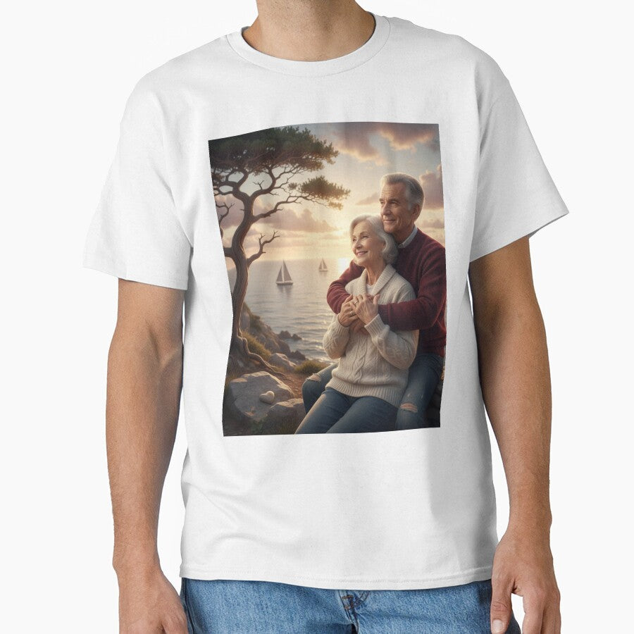 Timeless Love at Sunset – Romantic Elderly Couple by the Sea | Forever Together Art by VibeVauilt T-Shirts,... (Image 1)
