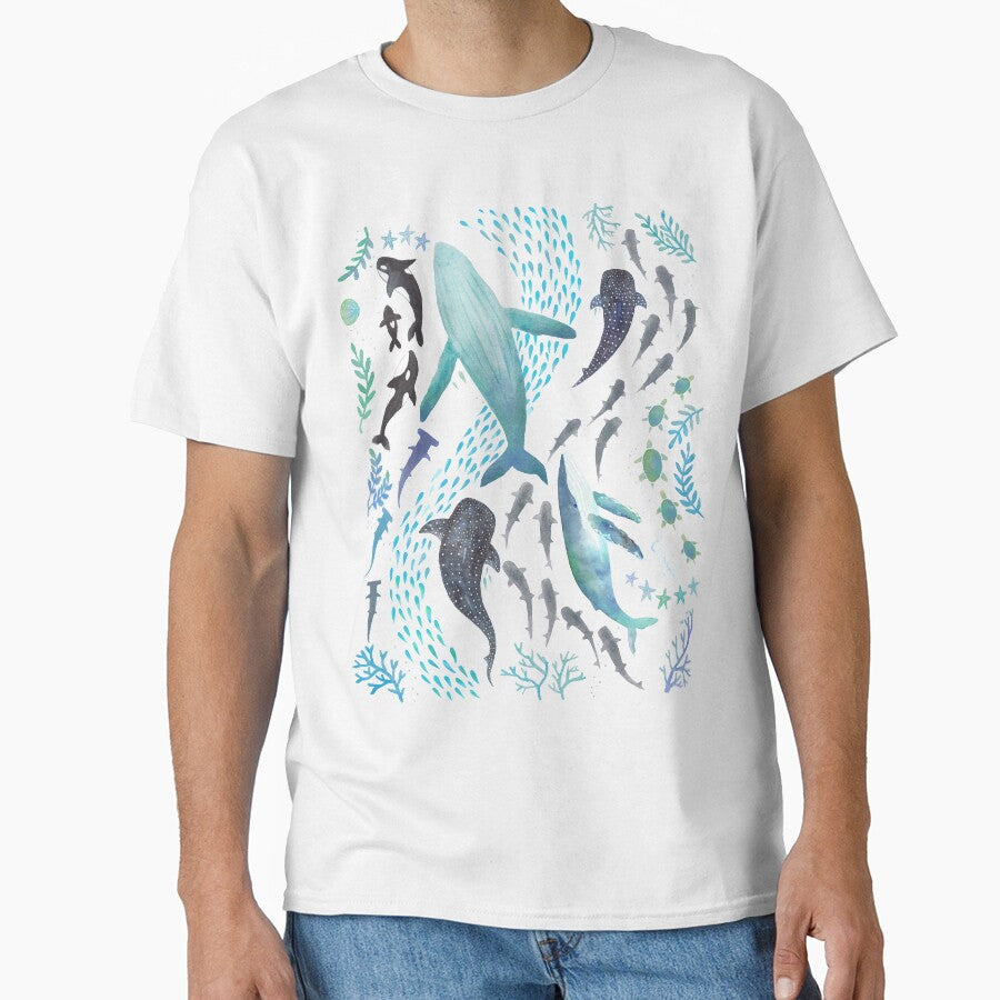 Sharks, Humpback Whales, Orcas & Turtles Ocean Play Print by jesschampagne T-Shirts, Hoodie, Sweatshirt (Image 1)