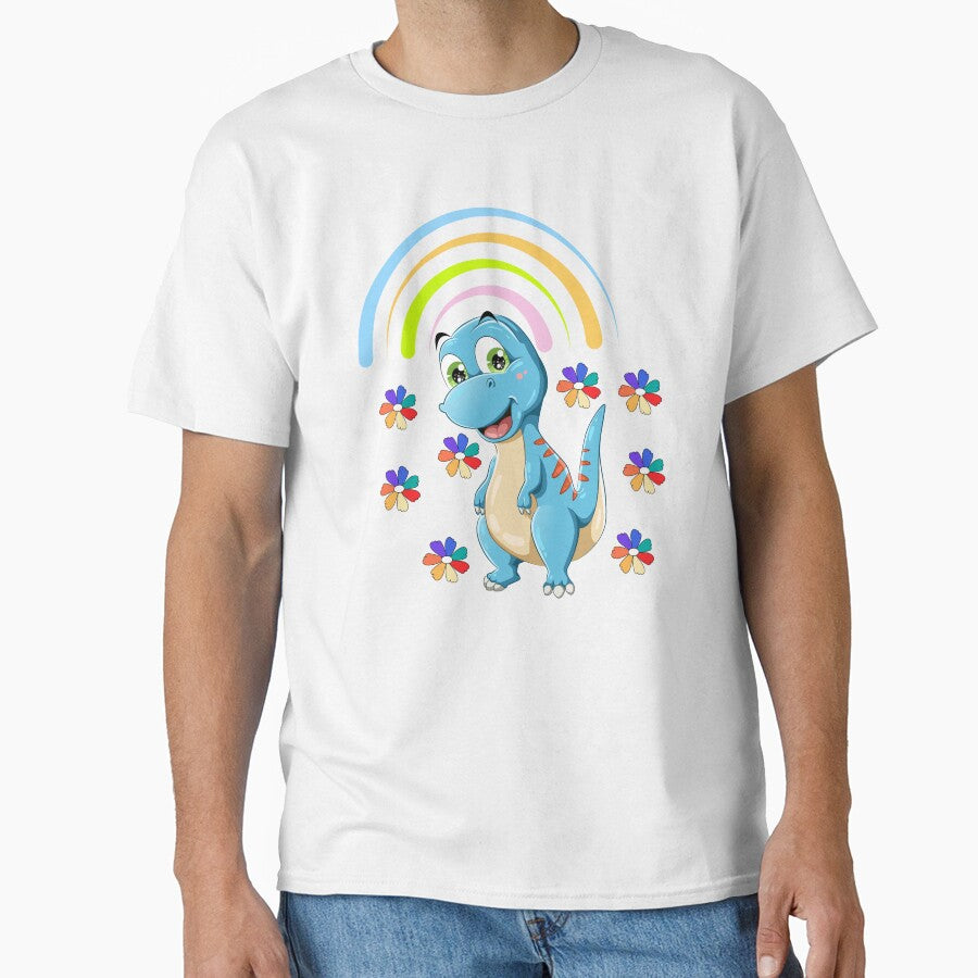 Friendly Blue Dinosaur with Rainbow & Flowers – Cute Cartoon Illustration by Love3Happy T-Shirts, Hoodie,... (Image 1)