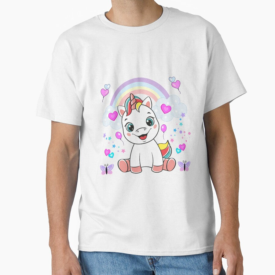Happy Cartoon Unicorn with Rainbow, Balloons & Hearts – Whimsical Kids Illustration by Love3Happy T-Shirts,... (Image 1)