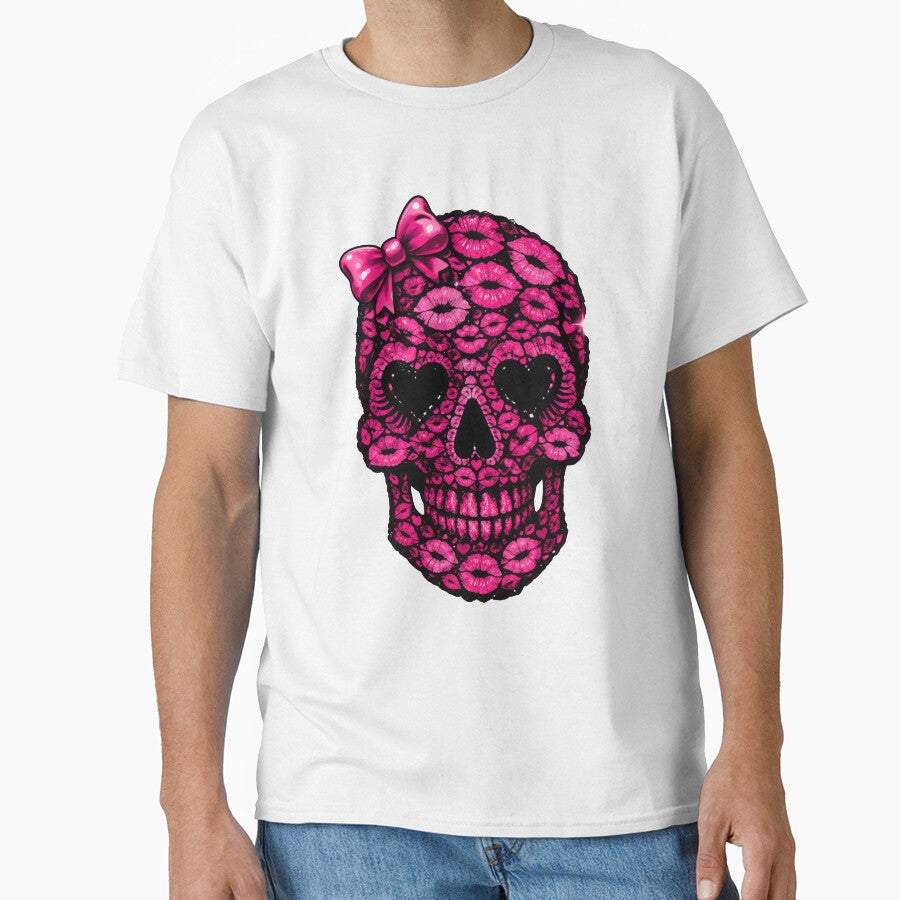 Pink Kiss Skull with Bow – Cute Goth Lips Skull Aesthetic – Girly Sugar Skull – Emo Valentine Gothic Design by TheTrendsDesk