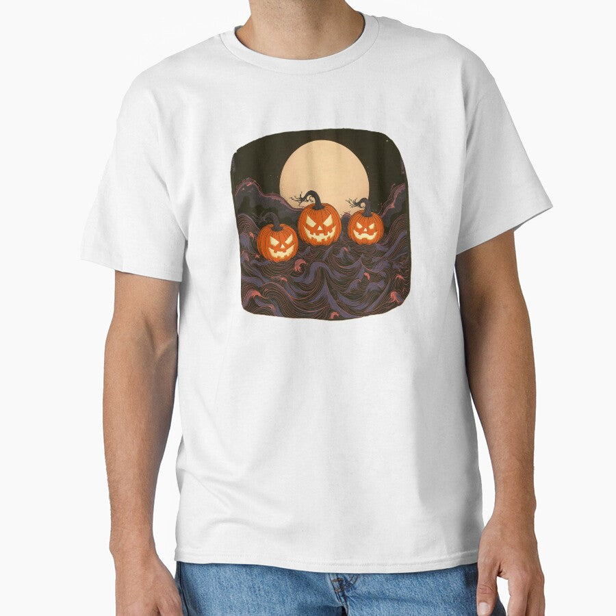 Three Jack-o'-Lanterns Floating on a Wave Pattern Halloween T-Shirt, Tee, Hoodie, Sweatshirt, Long Sleeve by... (Image 1)