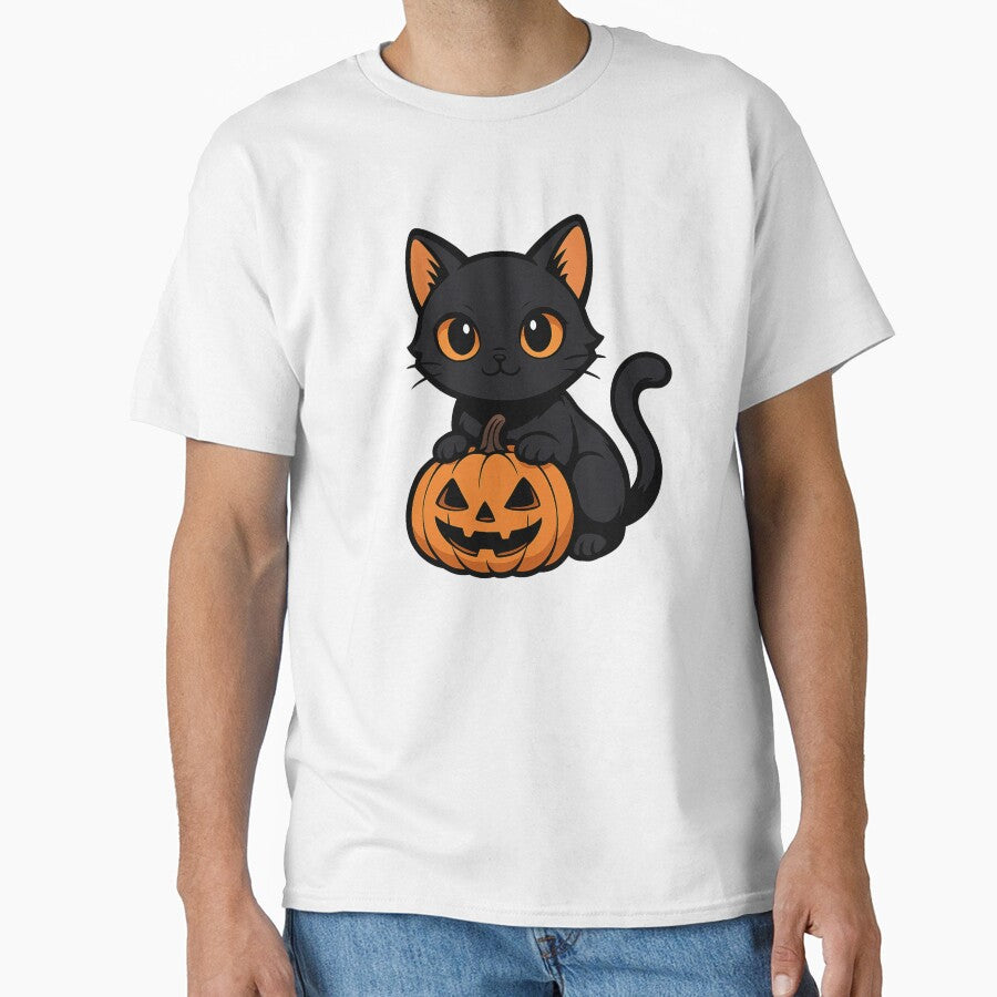 Cute Halloween Black Cat with Pumpkin | Spooky Kawaii Cat Design by Minato_Monarch T-Shirts, Hoodie, Sweatshirt (Image 1)