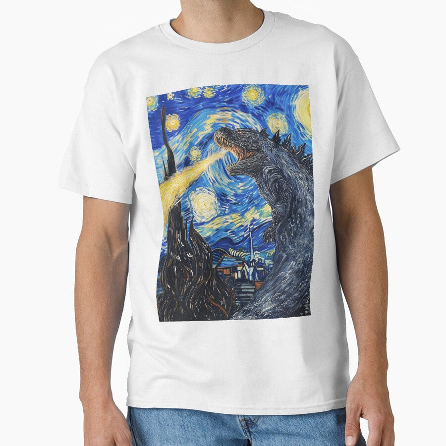 Vincent Van Gojira, Vincent Van Goghzilla, Godzilla Destroying The Starry Night by PrintShangri-La T-Shirts,... (Image 1)