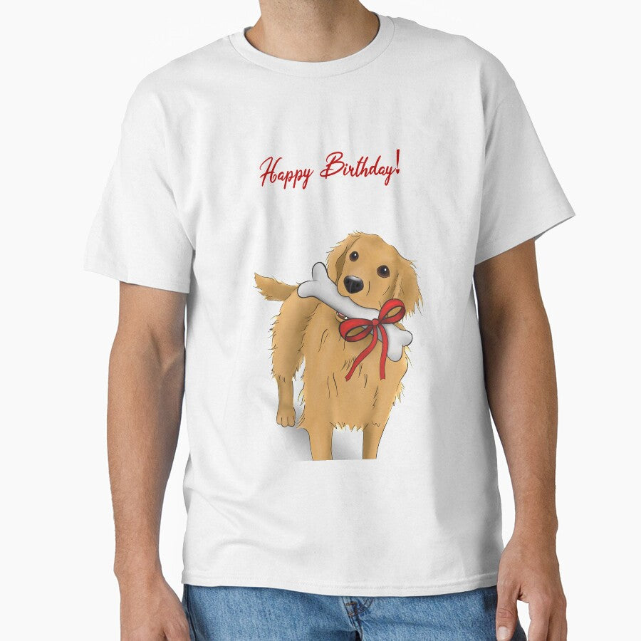 Cute Golden Retriever with a Bone | Happy Birthday by ElysianCreation T-Shirts, Hoodie, Sweatshirt (Image 1)