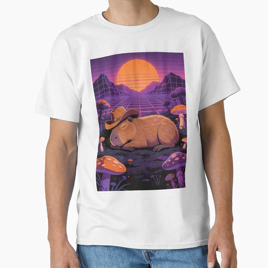 Synthwave Capybara Dream | Retro 80s Grid Sunset Cowboy Aesthetic by Cherrydora T-Shirts, Hoodie, Sweatshirt (Image 1)