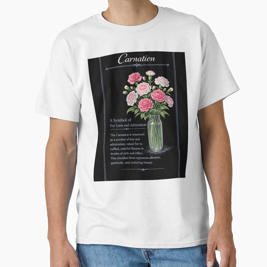 Carnation Botanical Print, Vintage Floral Illustration, Love and Admiration on Black by Prayful T-Shirts,... (Image 1)