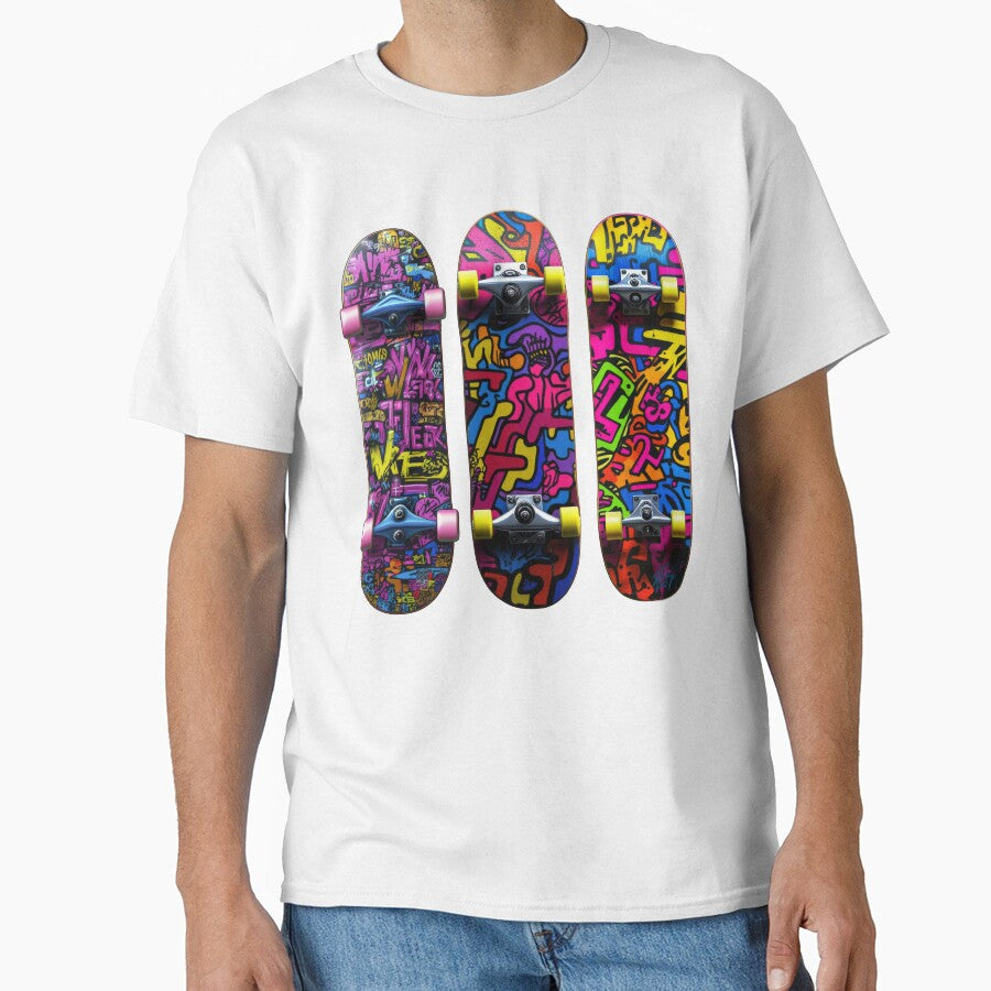 Three aesthetic skateboard graphics featuring retro 90s style, bold colors, and vintage appeal for unique deck... (Image 1)