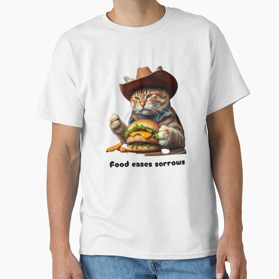 cowboy cat with cowboy hat Food eases sorrows by GinnyGi T-Shirts, Hoodie, Sweatshirt | BlankRebels.com (Image 1)