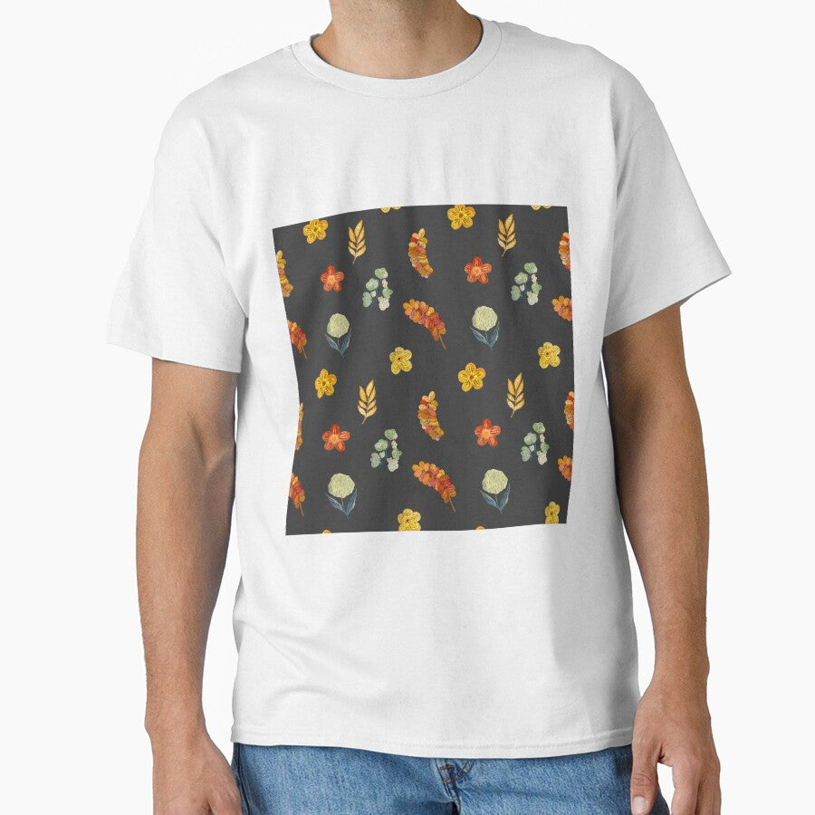 Flower red green orange simple seamless pattern grey by Yana Mustafina | Boho Soulful Designs T-Shirts, Hoodie,... (Image 1)