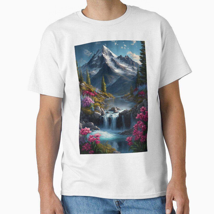 Flowery mountain with running waterfall by Dannypryce T-Shirts, Hoodie, Sweatshirt | BlankRebels.com (Image 1)
