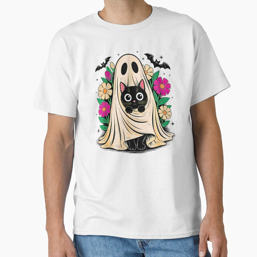 Vintage Halloween Ghost Holding Black Cat Groovy Floral by CARTERRSHOP T-Shirts, Hoodie, Sweatshirt (Image 1)