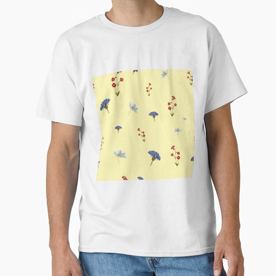 Flower blue red daisy seamless watercolor pattern yellow by Yana Mustafina | Boho Soulful Designs