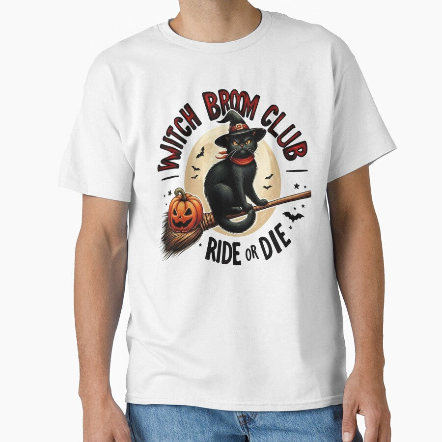 Black Cat Halloween, Broomstick Black Cat Halloween by vectcd T-Shirts, Hoodie, Sweatshirt | BlankRebels.com (Image 1)