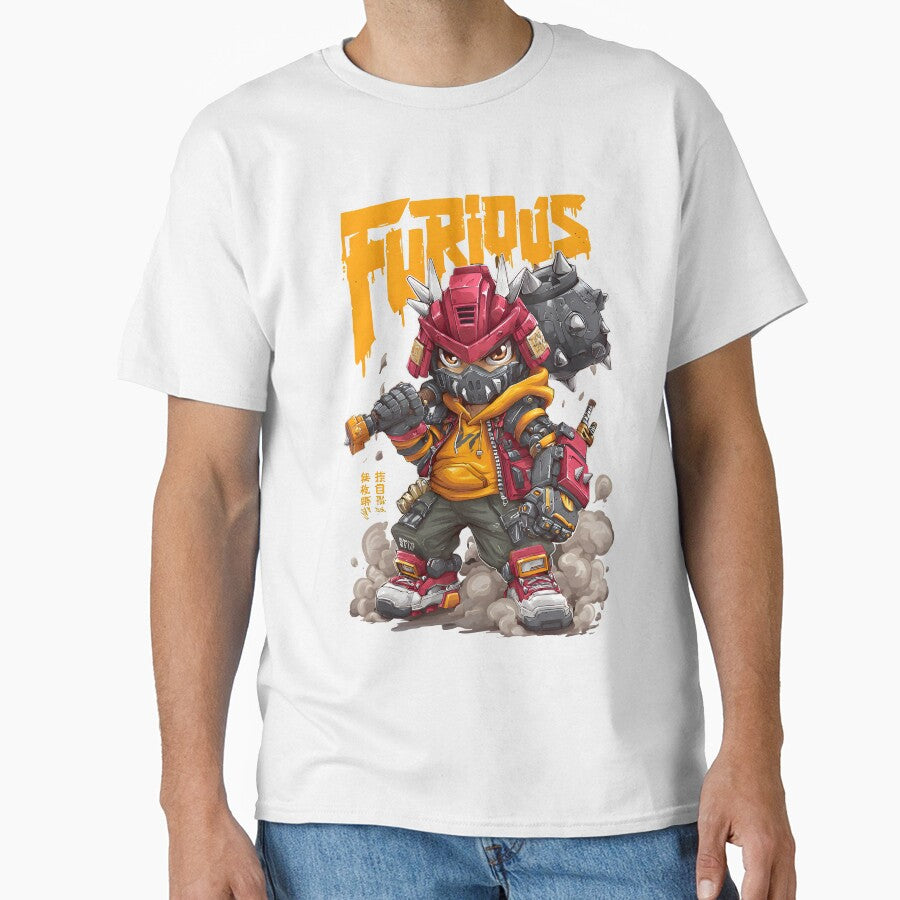 Furious Robot Samurai - Chibi Cyberpunk Warrior T-Shirt Design | Anime Streetwear Art for Gamers & Manga Fans... (Image 1)