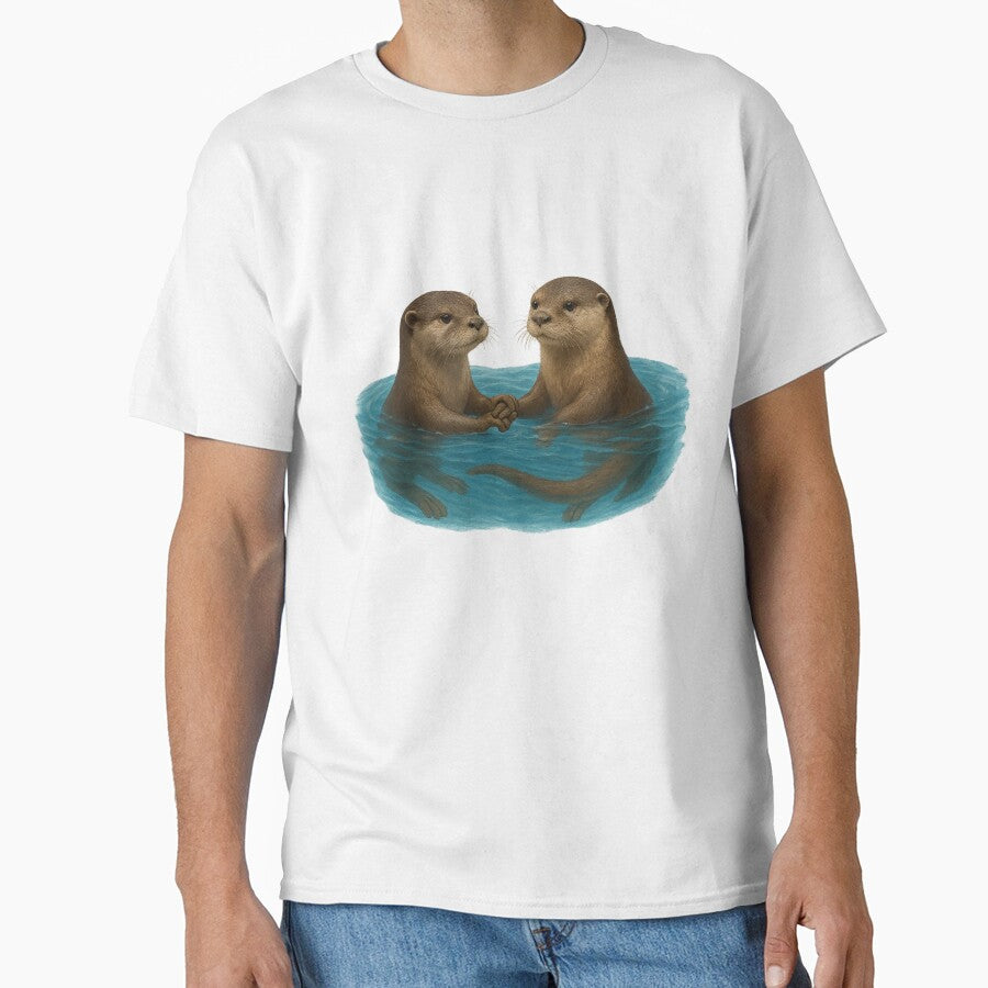 Realistic Digital Drawing - Otters Swimming and Holding Hands by visualvibesss T-Shirts, Hoodie, Sweatshirt (Image 1)