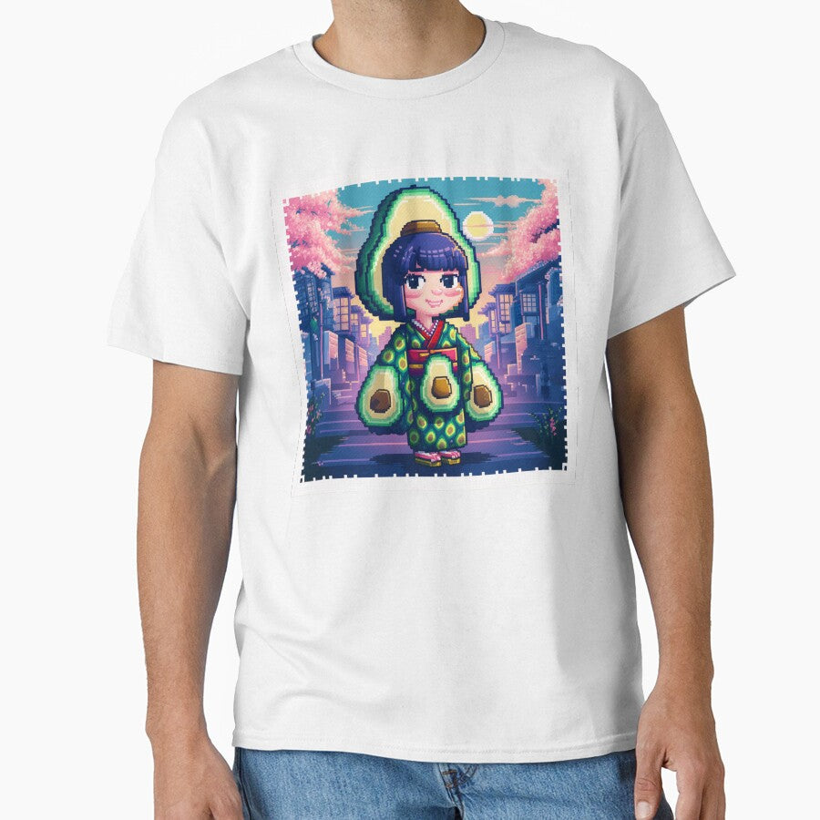 Pixel Art Japanese Girl with Avocado/Palta Design - Retro Art for Clothing, Mugs, Accessories, and Stickers by... (Image 1)