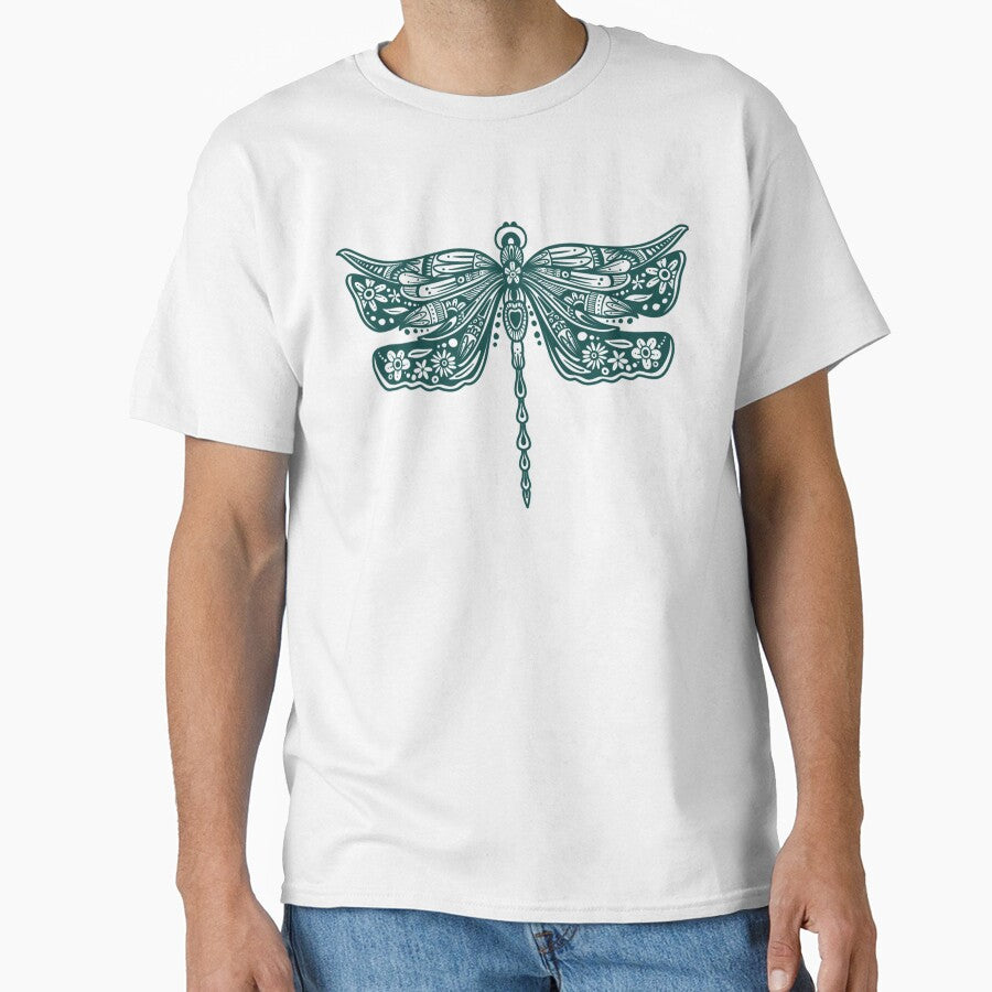 Dark Green Floral Dragonfly Design on Mustard Yellow by Giulia  Palazzo T-Shirts, Hoodie, Sweatshirt (Image 1)